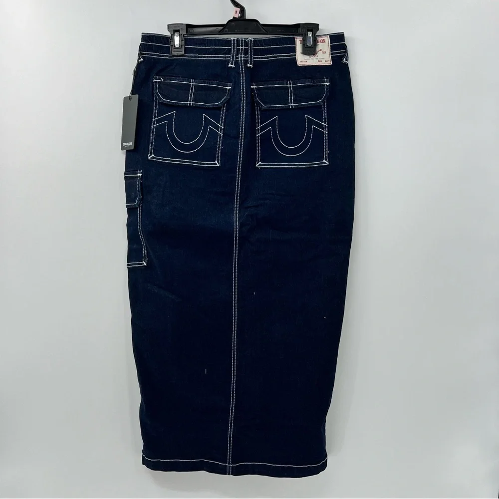 True Religion Cargo Denim Maxi Skirt 29 Dark Wash Y2K Utility NWT